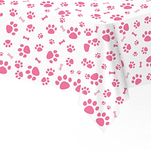 DUAIAI Dog Birthday Party Supplies, Pink Large Size Paw Print Tablecloth Happy Birthday Decorations for Pet Puppy Girl-1 Pack