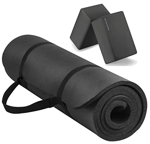 Signature Fitness All Purpose 1_2-Inch Extra Thick High Density Anti-Tear Exercise Yoga Mat with Carrying Strap and Yoga Blocks, Black