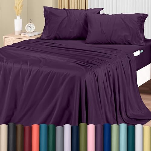 Utopia Bedding King Sheet Set – Soft Microfiber 4 Piece Hotel Luxury Bed Sheets with Deep Pockets - Embroidered Pillow Cases - Side Storage Pocket Fitted Sheet - Flat Sheet (Purple)