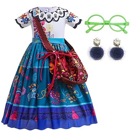 IDOTTA Mirabel Costume Encanto Dress for Girls Madrigal Cosplay outfits Halloween Dress Up With Bag Glasses Earrings