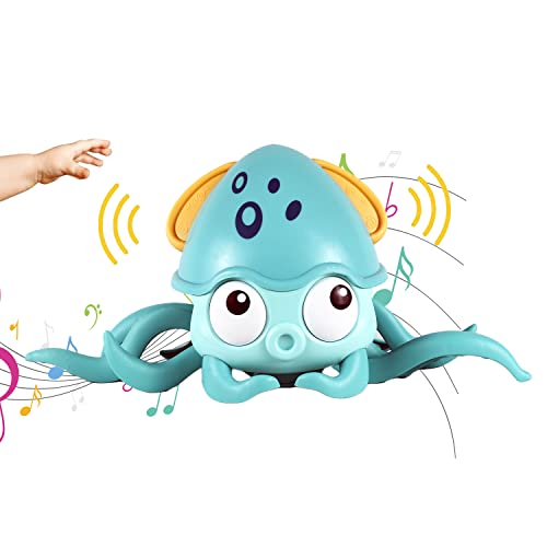 FEELGUY Crawling Octopus Baby Toy with Music and LED Lights, Automatic Obstacle Avoidance, Interactive Learning Entertainment for Kids Toddlers, Built-in Rechargeable Battery, Green