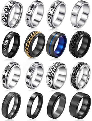 Stainless Steel Band Rings for Men, Sliver Fidget Rings for Anxiety for Women, Cool Plain Spinner Ring Set, Black Mens Wedding Band Ring Pack (11)