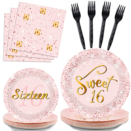 96 Pcs Rose Gold Sweet 16 Birthday Party Plates and Napkins Party Supplies Sixteen Birthday Party Tableware Set 16th Party Decorations Favors for Girls Birthday Serves 24