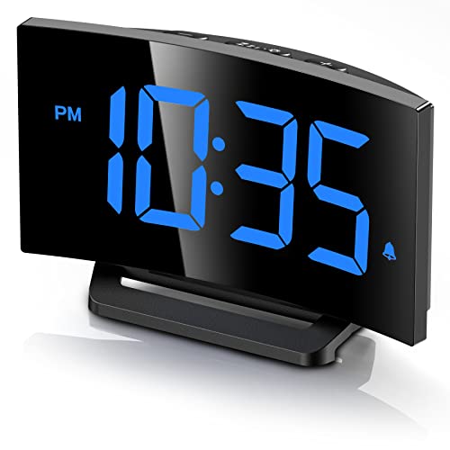 GOLOZA Digital Alarm Clock for Bedrooms, Digital Clock with Modern Curved Design, Conspicuous Blue LED Numbers, 5 Levels Brightness+Off, 2 Volume, 3 Alarm Tones, Snooze, Power-Off Memory, 12_24H