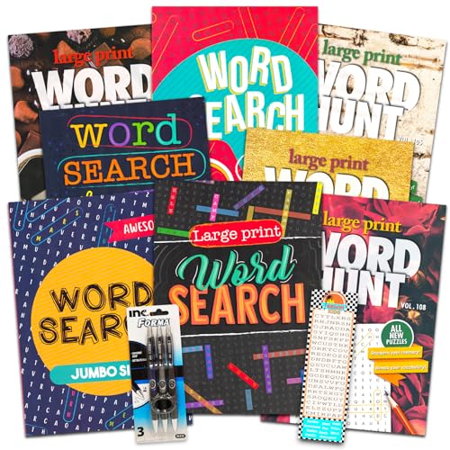 8 Large Print Word Search Books for Adults, Seniors - Set of 8 Jumbo Word Hunt Puzzle Books with Large Print Plus Pen and Magnifier (Over 700 Word Find Puzzles)