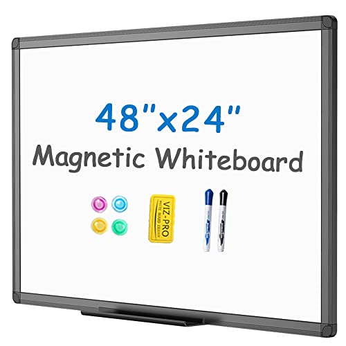 VIZ-PRO Magnetic Whiteboard_Dry Erase Board with Black Aluminium Frame, 48 X 24 Inches, Includes 1 Eraser & 2 Markers & 4 Magnets