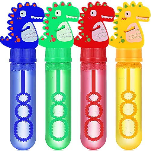 4 Packs Dinosaur Bubble Wands, Dinosaur Party Favors, Outdoor Toys, Goodie Bags Filler for Dinosaur Birthday Party, Bubble Blowing Toys, Prize Box, Party Favors for Kids 4-8