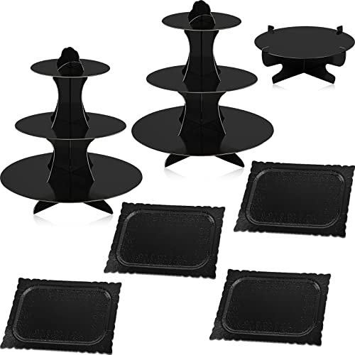 7 Pieces Cake Stand Set 3-Tier Cardboard Cupcake Stand 1-Tier Cake Stand Round Dessert Stand Rectangle Serving Tray Reusable Platters Cupcake Holders for Desserts Birthday Party(Black)