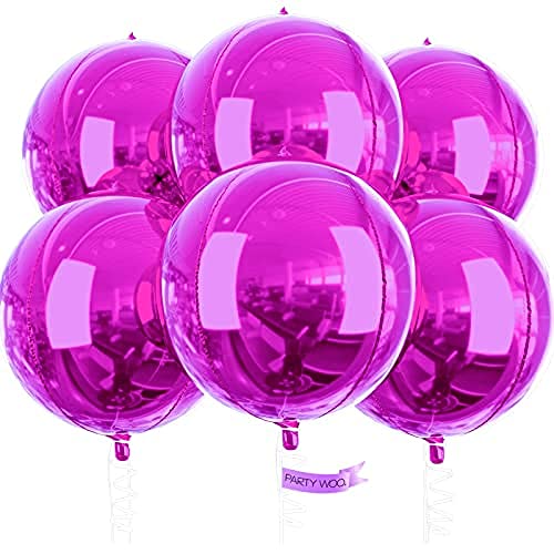 PartyWoo Hot Pink Balloons, 6 pcs Hot Pink Foil Balloons, 22 inch Giant 4D Foil, Large Mylar Balloons, Balloons for Birthday Decorations, Wedding Decorations, Party Decorations (Balloon), Round