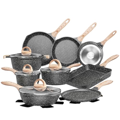 JEETEE Pots and Pans Set Nonstick 23pcs, Healthy Kitchen Cookware Sets, Induction Cooking Set W_Gray Granite Stone Frying Pans, Saucepans, Sauté Pan, Griddle Pan & Crepe Pan (PFOA Free)