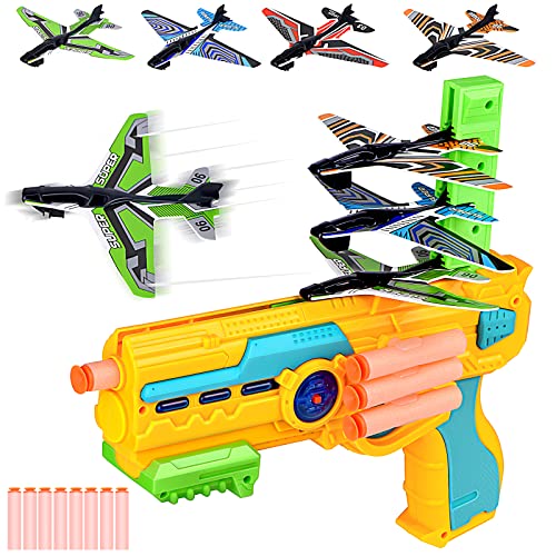 Airplane Toy Bubble Catapult Plane for Kids One-Click Ejection Foam Planes Blaster with 8 Glider Foam Planes, 8 Foam Darts, Outdoor Launcher Toys for3 4 5 6 7 8 Years Old Boys