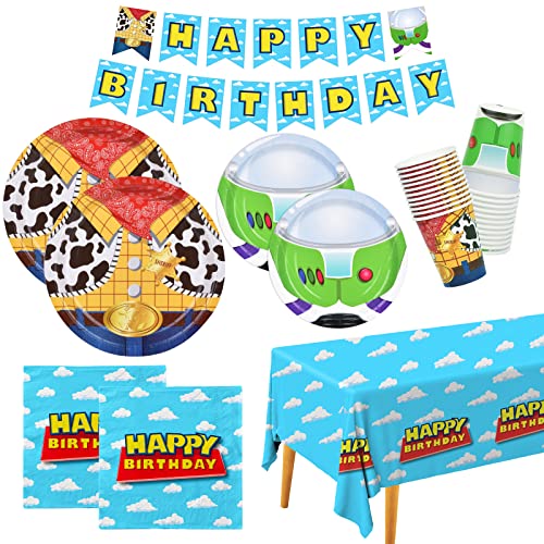 Toy Inspired Story Party Supplies Disposable Paper Plates Napkins Cups Tablecloth and Banner for Toy Game Story Party Birthday Decorations, Serve 24.