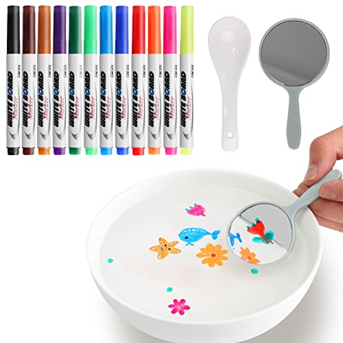 Leven Water Painting Drawing Set for Kids, 11 Colors Magical Floating Ink Pens, Dry Erase Whiteboard Marker, Includes Ceramic Spoon and Mirror