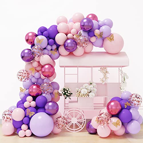 RUBFAC 143pcs Pink and Purple Balloon Garland Kit Butterfly Baby Shower Decorations for Girl with Butterfly Stickers Women Birthday Party Bridal Shower Bachelorette Engagement Party Decorations