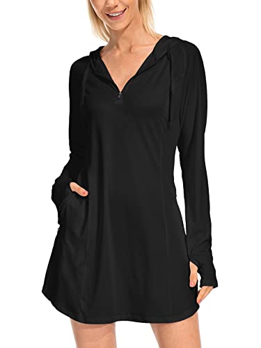 Women Beach Cover Up Long Sleeve Dresses UPF 50+ Shirts Sun Protection Zip Hoodie with Pockets Thumbholes Black S