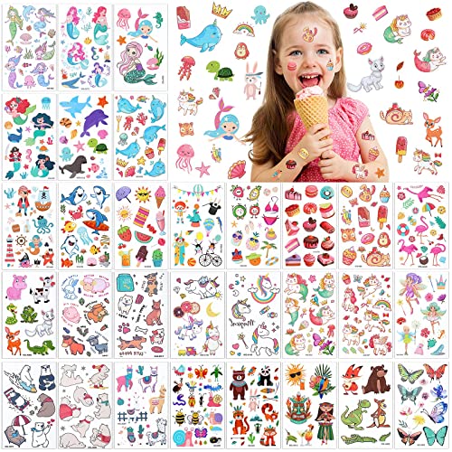 Sinmoe 400 Pieces for Kids Waterproof Luminous Sticker Glow Mixed Style Cartoon , Unicorn Dinosaur Mermaid Animal Fake Stickers Party Supplies, 30 Sheets (Cute Style)