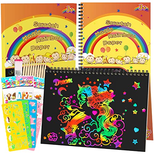 Scratch Paper Art-Crafts Notebook: 2 Pack Rainbow Magic Paper Supplies Toys for 3 4 5 6 7 8 9 10 Years Old Girls Kids Favors Gifts for Birthday Halloween Christmas Party Games Projects Kits