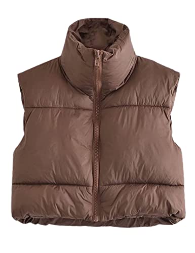 Athlisan Womens Cropped Puffer Vest Zip Up Stand Collar Sleeveless Padded Crop Vests(Brown-XS)