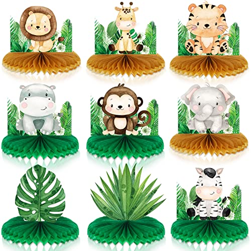 Leinuosen 9 Pcs Baby Jungle Animals Honeycomb Centerpieces Safari Baby Shower Decorations Jungle Safari Sage Green Themed Birthday Party Supplies for Boys Kids Baby Shower Nursery Party Decor