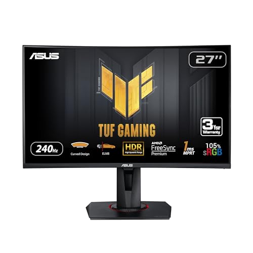 ASUS 27” 1080P TUF Gaming Curved HDR Monitor (VG27VQM) - Full HD, 240Hz, 1ms, Height Adjustable, Black