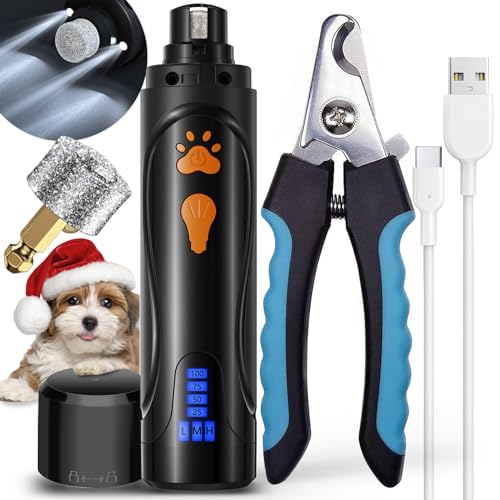 Dog Nail Grinder, Dog Nail Trimmers and Clippers Kit, Super Quiet Electric Pet Nail Grinder, Rechargeable, for Small Large Dogs & Cats Toenail & Claw Grooming,3 Speeds, Dual Lights, 2 Grinding Wheels