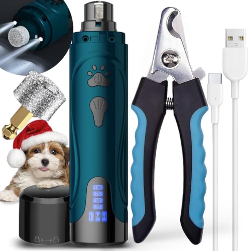 Dog Nail Grinder, Dog Nail Trimmers and Clippers Kit, Super Quiet Electric Pet Nail Grinder, Rechargeable, for Small Large Dogs & Cats Toenail & Claw Grooming,3 Speeds, 2 Grinding Wheels (A-Dark Blue)