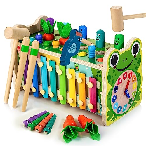 Amtreen 6 in 1 Wooden Montessori Toys for 1 Year Old, Whack-A-Mole Hammering Pounding Toy with Xylophone, Woodpecker, Carrot Harvest Game, Educational Toddler Activities Gift for Ages 1-4