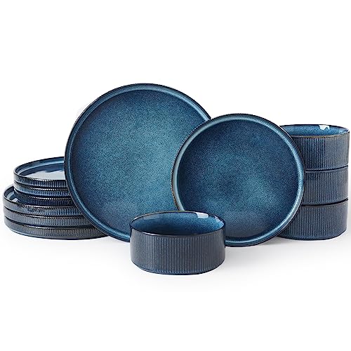 Famiware Star Dinnerware Sets, Plates and Bowls Set For 4, 12 Piece Dish Set, Nebulas Blue