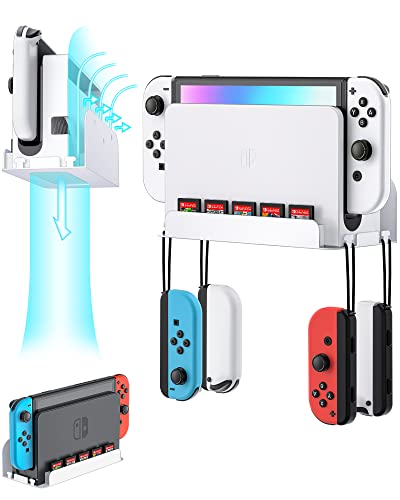 ZAONOOL Wall Mount for Nintendo Switch and Switch OLED, Metal Wall Mount Kit Shelf with 5 Game Card Holders and 4 Joy Con Hanger, Safely Store Switch Near or Behind TV, White