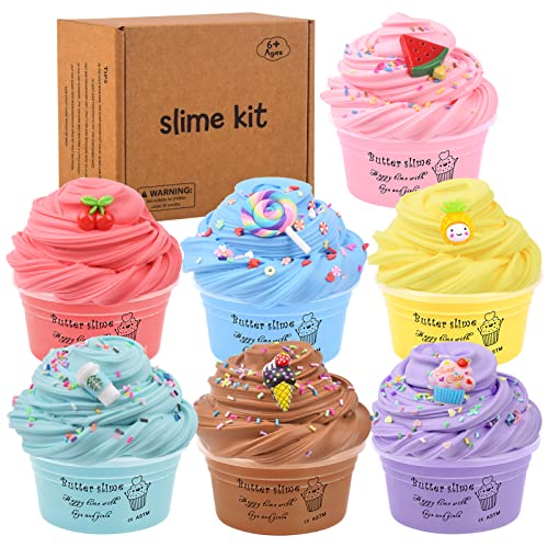 7 Pack Mini Butter Slime Kit,with Pink Watermelon, Ice Cream and Cake Slime Etc 7 Color Slime and Slime Charms,Soft and Non-Sticky,DIY Scent Slime Party,Stress Relief Sludge Toy for Boys and Girls