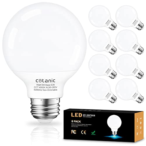 Cotanic Globe Light Bulbs,E26 Standard Base,5W,60 Watt Incandescent Equivalent,500LM,Non-Dimmable,8 Pack, G25 LED Vanity Light Bulb for Bathroom 4000K Daylight