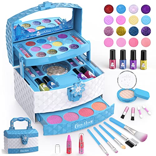 GirlsHome Kids Makeup Kit for Girl 35 Pcs Washable Toddler Makeup Kit, Girl Toys Real Cosmetic Little Girls Makeup Set, Safe & Non-Toxic Frozen Makeup Set for 3-12 (Soft Blue)