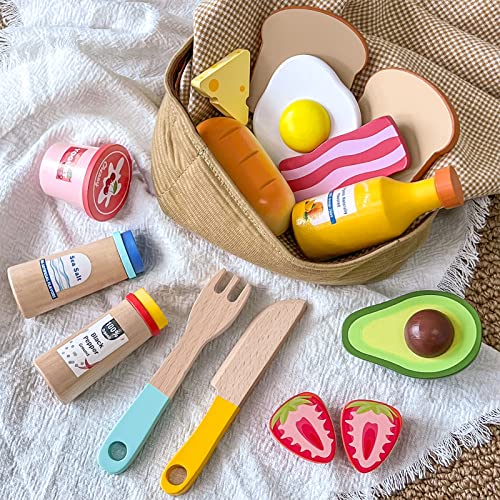 Tiny Land Wooden Play Food for Toddlers - 16 Pieces Breakfast Pretend Toy Food for Play Kitchen Accessories, Fake Food for Kids Kitchen, Gift for Boys and Girls