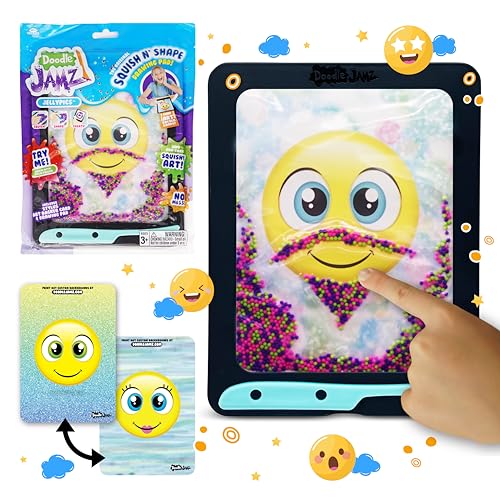 DoodleJamz JellyPics - Sensory Drawing Pads Filled with Non-Toxic Squishy Beads and Gel – Includes Stylus, Removable 2-Sided Emoji Backer Card (Pink, Purple, Green Beads)