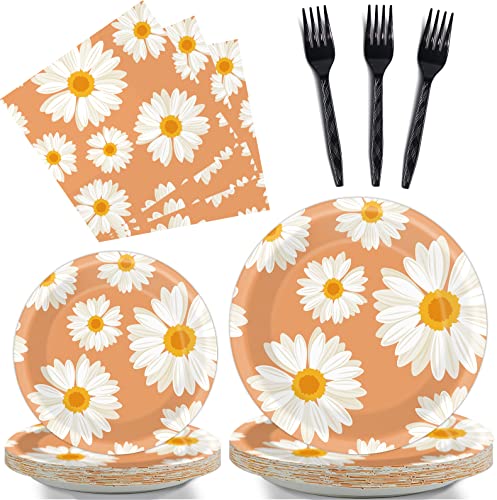 gisgfim 96 Pcs Daisy Flower Party Decorations Spring Party Supplies Paper Plates Napkins Groovy Daisy Birthday Party Decoration Daisy Theme Tableware Set for Girls Baby Shower Wedding Bridal Serves 24