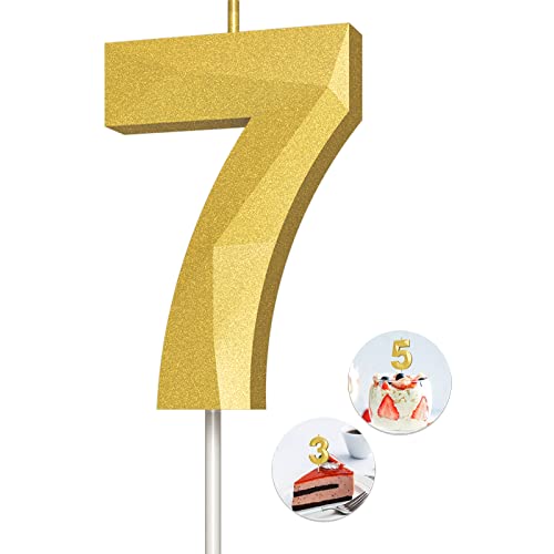 Number Birthday Candles(7 Candle Gold) 3D Diamond Shape Number Happy Birthday Cake Candles for Birthday Party Wedding Decoration Reunions Theme Party