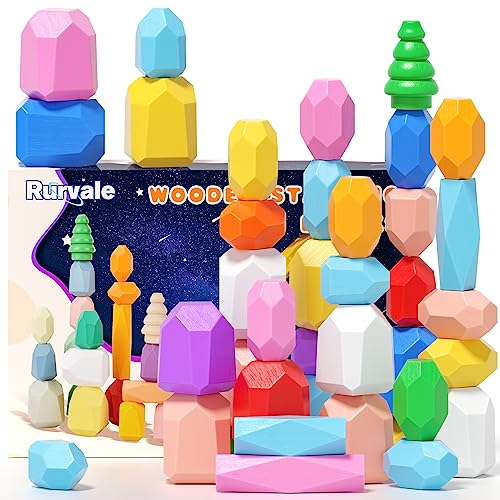 40PCS Wooden Stacking Rocks Toys, Montessori Toys for 1 2 3 year old, Stacking toys for Toddlers, Sensory STEM Preschool Learning Building Blocks Toys for Kids age 3-5, Kids Games Gifts for Boys Girls