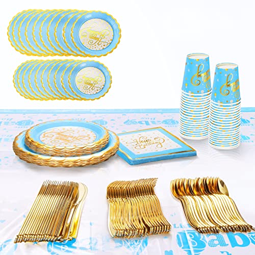 Blue and Gold Disposable Party Dinnerware Set, 20 Guest -141PCS with Paper Plates, Napkins, 9oz Cups, Plastic Silverware(Forks, Knives, Spoon), and Tablecloths, Party Supplies for Birthday Decoration