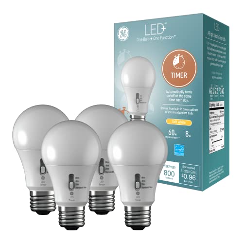 GE LED+ Timer LED Light Bulbs, 8W, Built-in Automatic Timer, A19, Soft White (4 Pack)