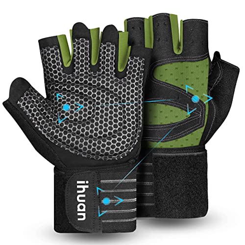 ihuan Ventilated Weight Lifting Gym Workout Gloves with Wrist Wrap Support for Men & Women, Full Palm Protection, for Weightlifting, Training, Fitness, Hanging, Pull ups (Dark green, M)