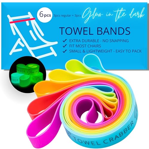 Towel Bands (6-Pack), Beach Pool & Cruise Chairs, Extra Durable, No Snapping, Cruise Ship & Beach Essentials, Great Alternative to Beach Towel Clips (3 Regular + 3 Glow in The Dark)