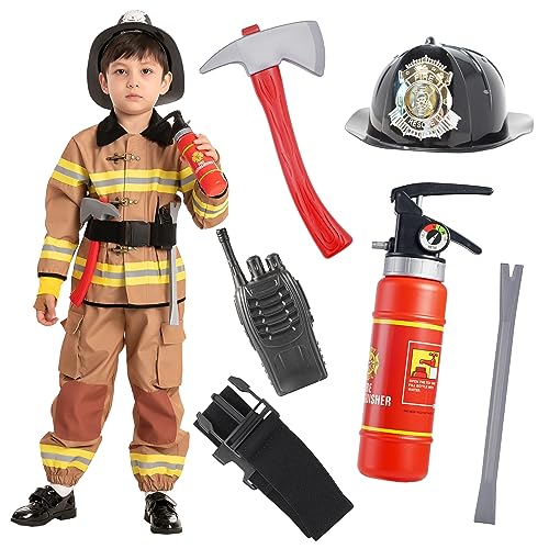 Spooktacular Creations Kids Firefighter Costume, Brown Fireman Costume with Complete Firefighter Accessories for Kids Halloween Dress-up Parties, Fireman Role Play-L