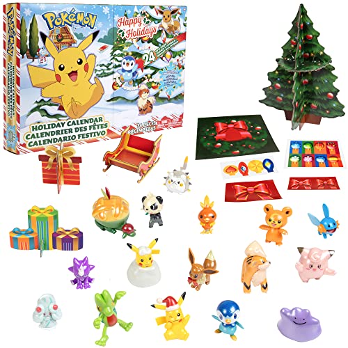 Pokemon Holiday Advent Calendar for Kids, 24 Piece Gift Playset - Set Includes Pikachu, Eevee, Jigglypuff and More - 16 Toy Character Figures & 8 Christmas Accessories - Ages 4+