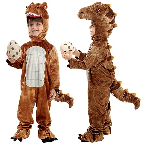 Spooktacular Creations Child Brown Realistic T-rex Costume Dinosaur Jumpsuit with Toy Egg for Boys Halloween Dress-up Party (Medium (8-10 yrs))