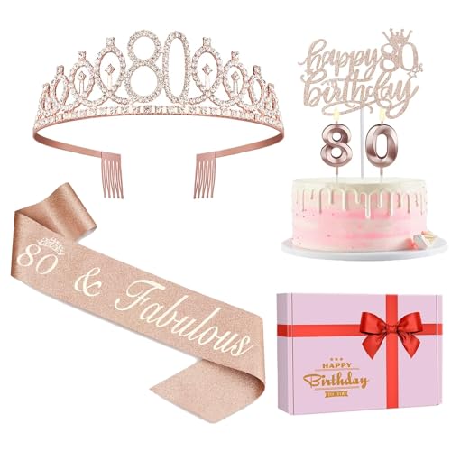 80th Birthday Decorations for Women, 80th Birthday Sash, Crown_Tiara, Candles, Cake Toppers, 80th Birthday Gifts for Women, 80 Birthday Decorations for Women, 80 Birthday Party Decorations