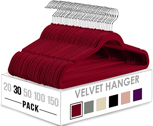 Utopia Home Velvet Hangers 30 Pack - Non-Slip Clothes Hangers - Burgundy Hangers - Suit Hangers with 360 Degree Rotatable Hook - Heavy Duty Coat Hangers - Pants Hangers