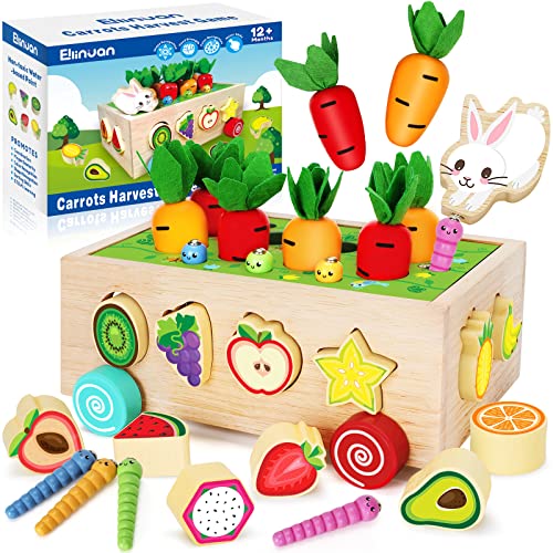 Ellinjan Wooden Montessori Toys for 1 2 3 Year Old Baby Girls Boys, Wood Shape Sorter Toys Gifts for Toddlers Learning Fine Motor Skills, Carrot Harvest Game Educational Toys for Kids