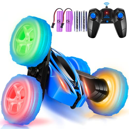 Flymevac Remote Control Car, 360° Rotating RC Stunt Cars with Wheel Lights and Headlights,4WD 2.4Ghz Double-Sided Fast and Flips RC Cars for 6-12 Year Old Kids Xmas Toy Cars Gift for Boys Girls(Blue)