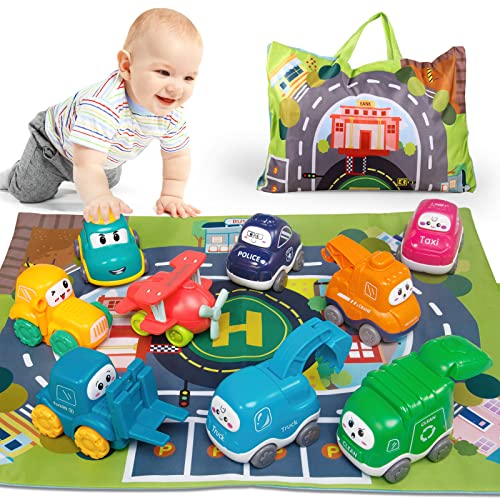 ALASOU 9 PCS Baby Truck Car Toys with Playmat_Storage Bag|1st Birthday Gifts for Toddler Toys Age 1-2|Baby Toys for 1 2 3 Year Old Boy|1 2 Year Old Boy Birthday Gift for Infant Toddlers