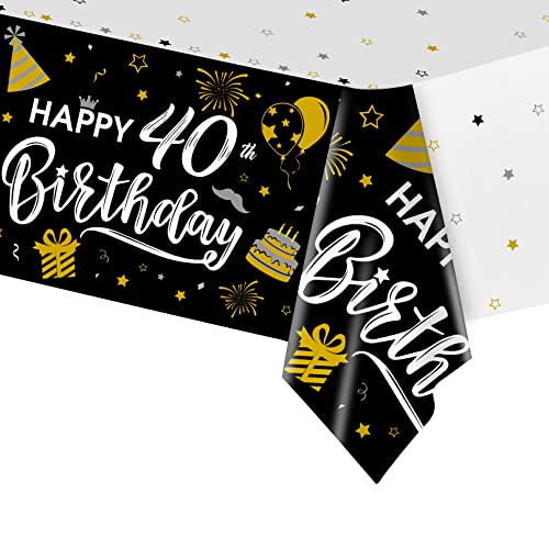 40th Birthday Decorations, 1pcs Black and Gold Happy Birthday Tablecloth for Men Women, Plastic Disposable Rectangle Table Cover for Birthday Party Decor- 54" x 108"